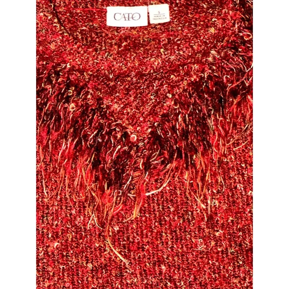 Cato Size S Rusted Red Boucle Fringe Mockneck Sweater Cozy Western Cowgirlcore - Picture 6 of 12